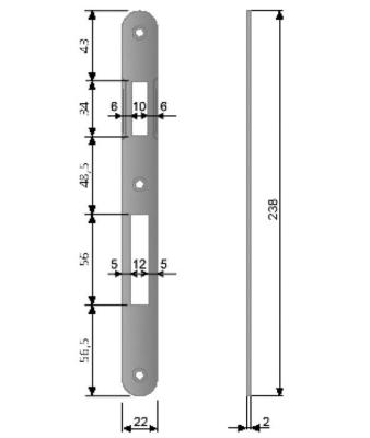 Plaque de gâche - 22x238x2mm bords arrondis - Pour serrure AGB PATENT GRANDE