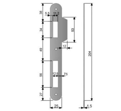 Plaque de gâche - 25x204x1,5mm bords arrondis - Pour AGB SICUREZZA ROLLER LATCH