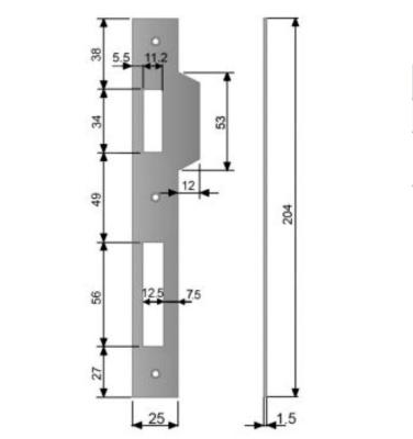 Plaque de gâche - 25x204x1,5mm bords carrés - Pour AGB SICUREZZA ROLLER LATCH