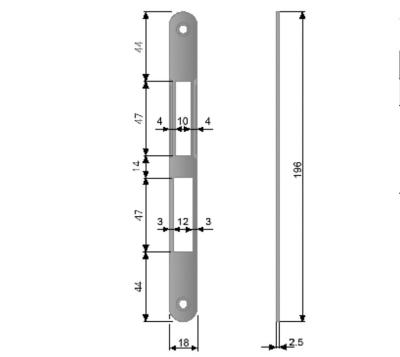 Plaque de gâche - 18x196x2,5mm bords arrondis - Pour serrure AGB CENTRO WITH BOLT