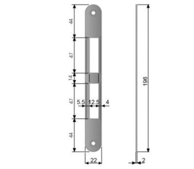 Plaque de gâche - 22x196x2mm bords arrondis - Pour serrure AGB CENTRO WITH BOLT