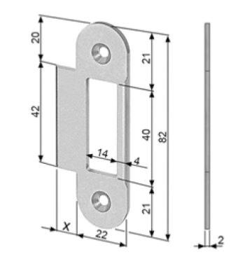 Plaque de gâche - 22x82x2mm - Avec lèvre carrée 11mm - Pour AGB EASY-MATIC - Porte flush 44mm