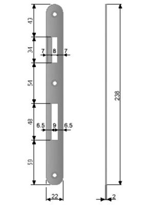 Plaque de gâche - 22x238x2mm bords arrondis - Encoches 8mm - Pour serrure AGB PATENT GRANDE