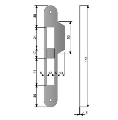 Plaque de gâche - 22x167x1,5mm bords arrondis + langue 13mm - Pour serrure AGB CENTRO WITH BOLT