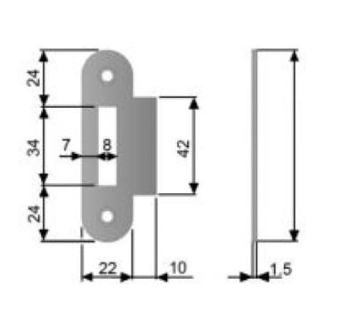 Plaque de gâche - 22x82x1,5mm - Avec lèvre carrée 10mm - Pour AGB MEDIANA / CENTRO LATCH